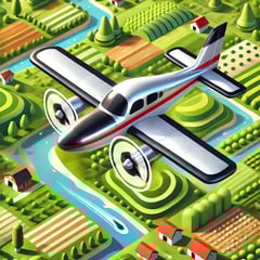 DALL·E 2024-10-28 15.35.44 - A playful, colorful, isometric-style illustration of a twin-engine aircraft flying over simplified green landscapes and rolling farmland. The aircraft