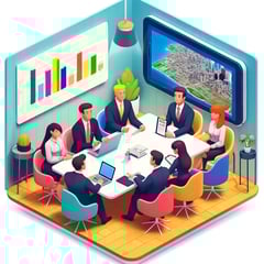 DALL·E 2024-10-28 15.47.34 - A playful, colorful, isometric-style illustration of a small group of six business professionals gathered around a sleek conference table in a cozy, s