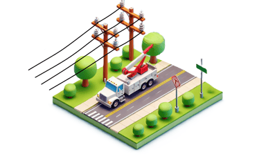 DALL·E 2024-10-28 18.47.31 - A 3D isometric scene of a utility truck with a crane arm raised near a wooden electrical pole on a small patch of green grass. The truck has white and