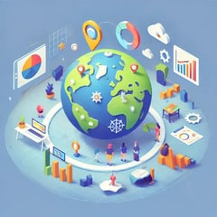 A simplified, playful, and colorful isometric-style illustration capturing the theme of exploration and scale in a professional geospatial data