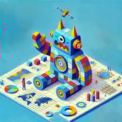 A playful, colorful isometric-style illustration representing the concept of Tera Data Monster, capturing the vastness and power of Tera Analytics