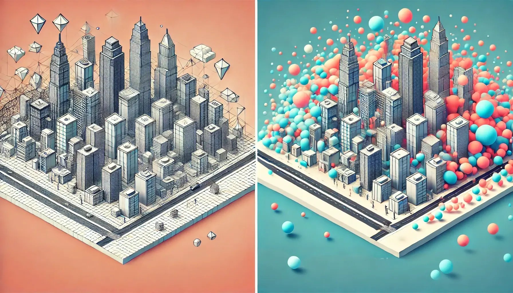 DALL·E 2025-01-31 15.13.18 - A comparison graphic showing a 3D cityscape with both 3D Mesh and Gaussian Splatting styles side by side. The left side shows the 3D Mesh style, with 